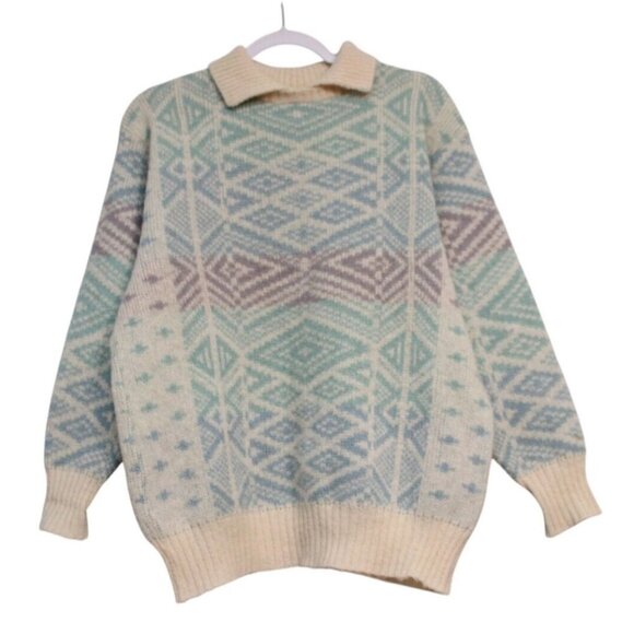 Vintage 80s Hilda Ltd Sweater Size Medium 100% Wool Iceland Geometric Retro Knit - Picture 1 of 16